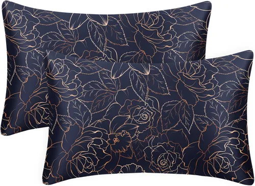 Miniatura 13 de EXQ Home - Funda de almohada de satén para cuidar el cabello y la piel, tamaño estándar, de seda con estampado negro, juego de 2 fundas con cierre