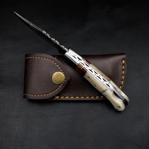 Miniatura 5 de Cuchillo de bolsillo de hueso de camello de acero damascus para hombres, regalos plegables de cuchillo de hoja para él, cuchillos hechos a mano