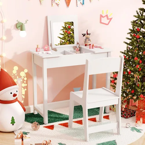 Miniatura 12 de HONEY JOY Tocador para Niños, Mesa de Maquillaje para Niños Pequeños con Espejo y Taburete, Tocador de Madera de Juego de Simulación para Niñas