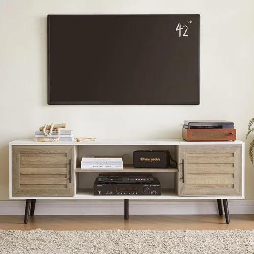 Miniatura 9 de EDYO LIVING Soporte de TV moderno de mediados de siglo para TV de 65 pulgadas, soporte de TV de madera con armario de almacenamiento y estante