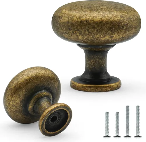 Paquete de 10 pomos de latón antiguo para gabinetes de 1-1/7 pulgadas de diámetro, latón sólido Rerto redondo, pomos de tocador para cajones,