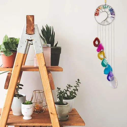 Miniatura 3 de rockcloud Campanillas de viento colgantes de 7 chakras del árbol de la vida con rodajas de ágata colgantes, adorno colgante de ventanas para Azul