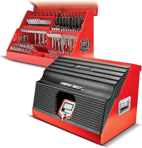 Miniatura 9 de Powerbuilt Caja de herramientas portátil inclinada frontal de 26 pulgadas, portaherramientas escalonadas, acero de calibre 16, herrajes cromados
