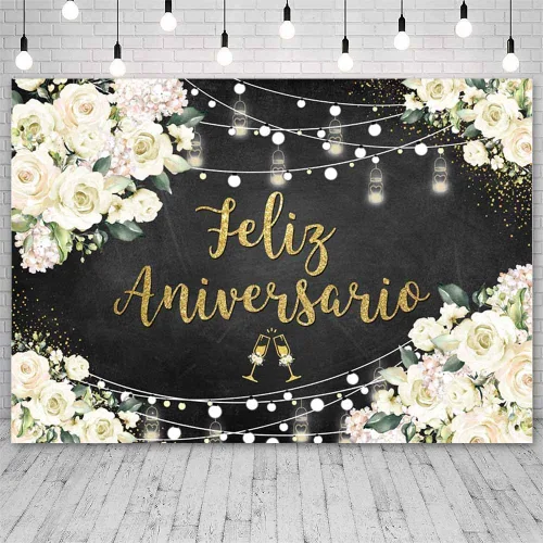 Miniatura 2 de AIBIIN Telón de fondo de feliz aniversario de 8 x 6 pies con temática mexicana, decoraciones de feliz aniversario, flores blancas, fondo