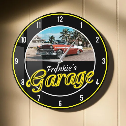 Miniatura 10 de Reloj de pared de garaje de 12 pulgadas con imagen personalizada con nombre, reloj de pared vintage para amantes de los autos, funciona