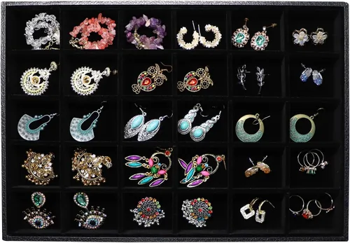 Wudygirl Velevt - Bandeja apilable de 30 rejillas para joyas, anillos, pulseras, aretes, collares, bandeja de joyería, organizador de exhibición (30