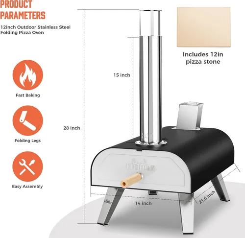 Miniatura 5 de BIG HORN OUTDOORS 12" Horno de piedra para pizza con leña, 475°C Horno para pizza al aire libre de acero inoxidable, portátil para uso en fiestas