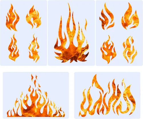 5 hojas de plantillas de llama para aerógrafo, plantillas de fuego reutilizables, plantilla de decoración de pintura para arte, ventana, pared,