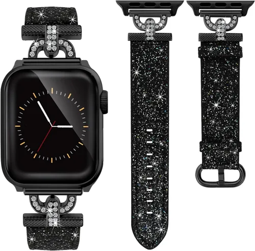 Elegante y brillante correa de cuero compatible con Apple Watch de 1.575 pulgadas para mujer, elegante y brillante correa de Apple Watch de 1.614