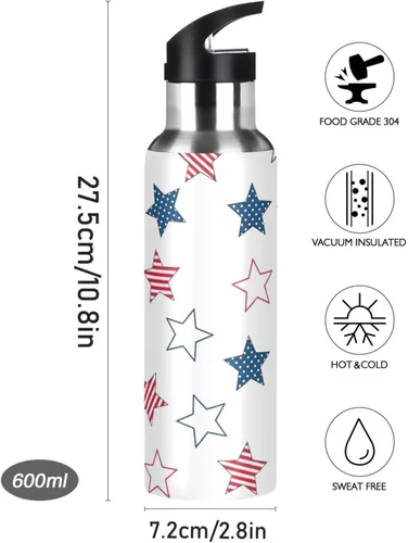 Miniatura 9 de Stars Us Flag White Insulated Water Bottle 20 Oz Leakproof Water Bottles, BPA-Free Sports Water Bottle with Straw