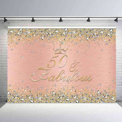 MEHOFOND Telón de fondo de feliz cumpleaños 50 para mujer, decoración de fiesta de cumpleaños número 50, pancarta de diamantes, rosa y oro rosa, Oro