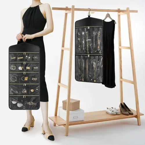 Miniatura 6 de CHICECO Organizador Soporte de Joyas de Viaje, Organizador de Joyas Colgante de Almacenamiento Con Bolsillos con Cremallera para Armario, Pared