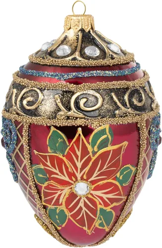Miniatura 12 de Fabergé Huevo - Adorno para árbol de Navidad de vidrio soplado de 5 pulgadas, diseño de flor de pascua, color borgoña mate, 5 pulgadas