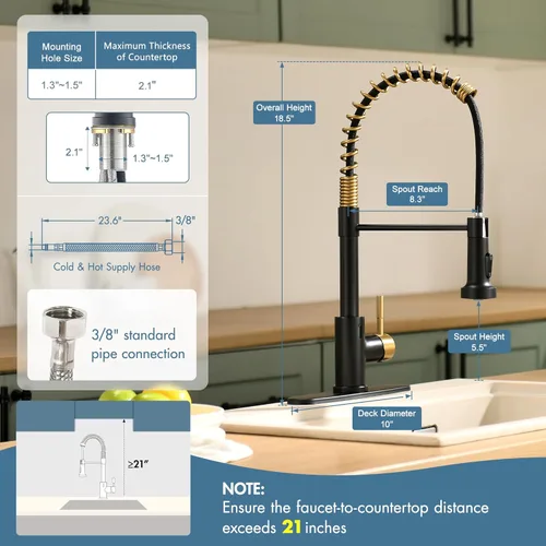 Miniatura 3 de GIMILI Grifo de cocina sin contacto negro y dorado con adaptador AC, grifo de fregadero de cocina manos libres con sensor de movimiento inteligente