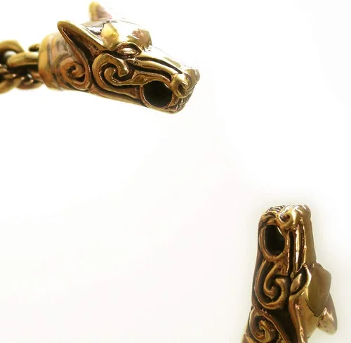 Miniatura 3 de Brazalete de bronce vikingo nórdico con cabeza de lobo trenzada, diseño de cabeza de lobo