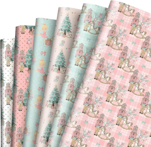 12 hojas de papel de regalo de Navidad, papel de regalo de cascanueces rosa, papel plegado plano, papel de manualidades para fiestas de cumpleaños,