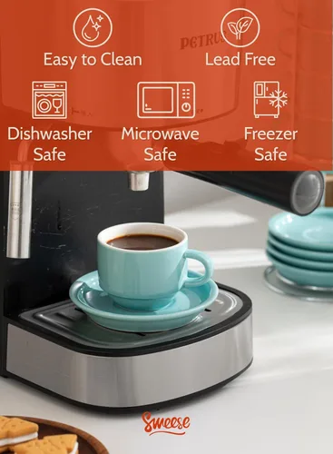 Miniatura 3 de Sweese - Juego de 4 tazas de porcelana apilables de 2.5 onzas para café expreso, con platillos y soporte de metal, color turquesa