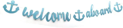 Cartel de bienvenida a bordo con purpurina azul cielo, pancarta de globo para niños, decoración náutica de cumpleaños, baby shower, decoración
