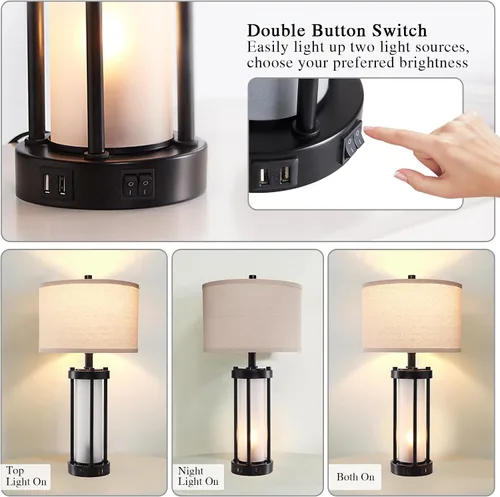 Miniatura 3 de Lámparas de mesa modernas para sala de estar, lámparas industriales de mesita con 2 puertos USB, lámpara rústica de mesita con luz nocturna
