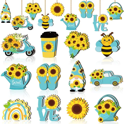 Chunful Adorno de árbol de gnomo de girasol de verano, adornos colgantes de madera para primavera, decoración de árbol pequeño con cuerda para