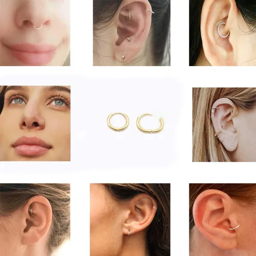 Miniatura 6 de Aretes de aro pequeños sleeper unisex chapados en oro real de 18K de acero quirúrgico, anillo para la nariz, anillo de septum, anillo de hélice
