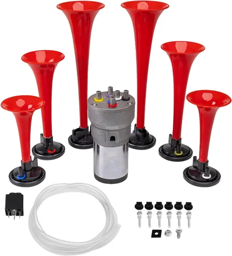 FARBIN Bocina musical con sonido musical de 6 trompetas con compresor, juego de melodía de padrino, rojo, 12 V, 150 db, para tren, camión,