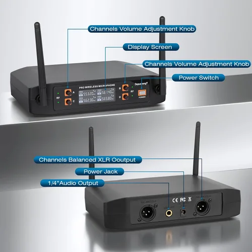 Miniatura 4 de Depusheng Micrófono inalámbrico, sistema profesional de mano de karaoke de 4 canales para karaoke en casa, reuniones, fiestas, iglesia, DJ, boda