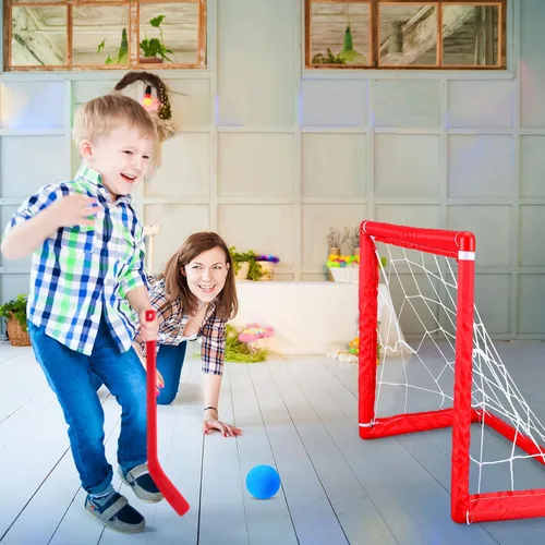 Miniatura 6 de Leyndo Juego de 2 juegos de mini hockey para niños, incluye 2 redes de hockey, 2 mini portería de hockey, 4 mini palos de hockey de plástico, 4 rojo