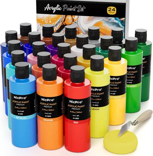 Nicpro Juego de pintura acrílica de 24 colores en gran cantidad (250 ml/8.45 oz), pigmentos ricos no tóxicos, suministros de pintura a granel para