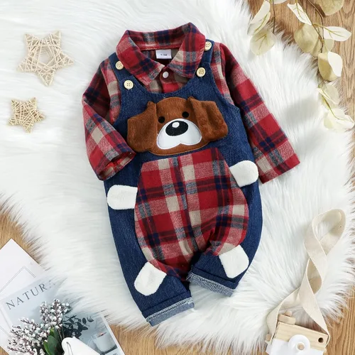 Miniatura 2 de ODASIRA Ropa de bebé niño, trajes de bebé, overol de manga larga a cuadros + overol de jeans, conjunto de pantalones