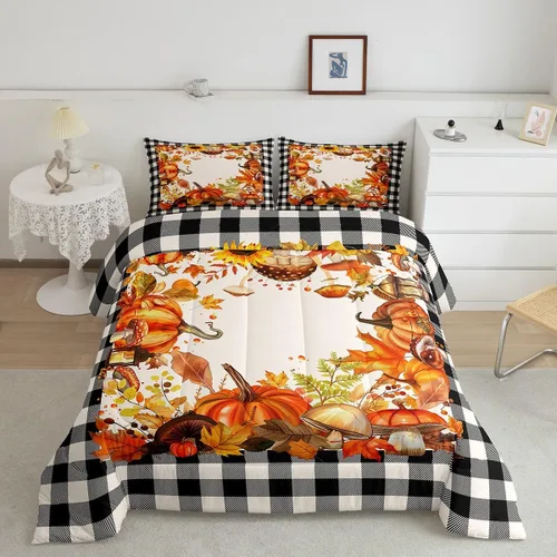 Miniatura 19 de Erosebridal Juego de edredón de gatos lindos para niños, juego de ropa de cama de calabaza y hoja de arce para niñas y niños, juego de edredón