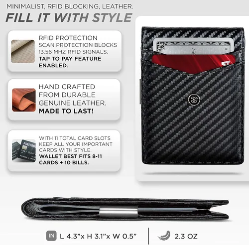 Miniatura 11 de Suavell Billeteras delgadas de cuero para hombres. Cartera con clip para dinero. Cartera de perfil bajo RFID Cartera minimalista