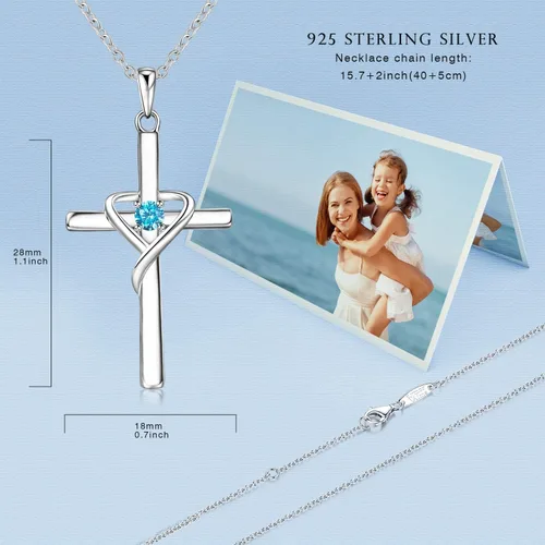 Miniatura 4 de AmorAime - Collar con cruz de plata de ley 925 para mujeres y hombres, collares de piedra natal de circonita cúbica 5A, chapado en oro de 14