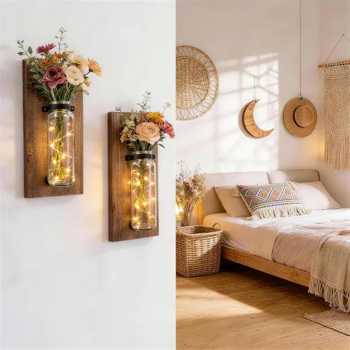 Miniatura 8 de Heiple Paquete de 2 apliques de pared de madera y vidrio, macetas de granja para plantas de interior, decoración rústica para sala de estar, jarrón