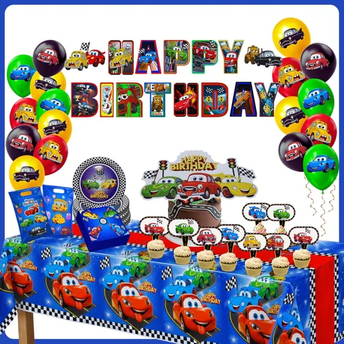 Miniatura 6 de Decoraciones de fiesta de cumpleaños de coches, juego de 103 piezas de suministros de fiesta de autos de carreras para niños y niñas, pancarta