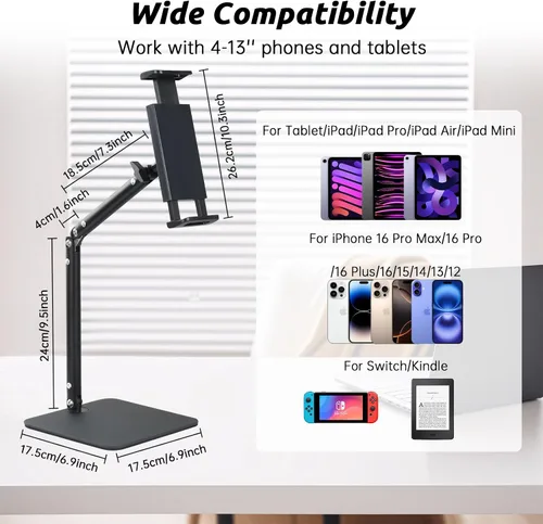 Miniatura 4 de UTEBIT Soporte para iPad para escritorio, giratorio de 360°, soporte de teléfono ajustable de 9.5 a 16.5 pulgadas de altura para escritorio, Negro