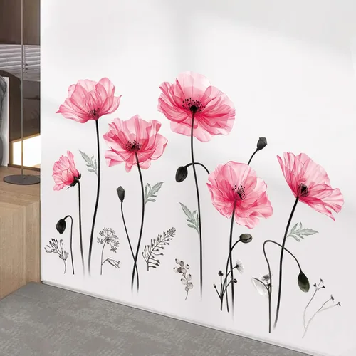 Miniatura 4 de decalmile Calcomanías de pared grandes con flores de amapola rosa, calcomanías de pared de flores florales para dormitorio, sala de estar, fondo