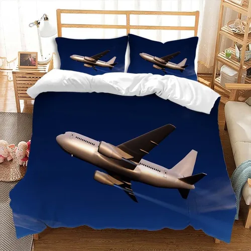 Jingzhang Juego de funda de edredón de 2 piezas, estampado 3D de aviones azul cielo plateado con cremallera, funda de edredón dorada con 1 funda de