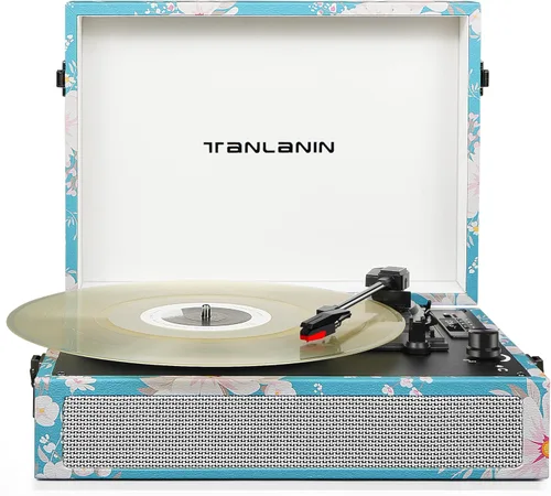 Reproductor de discos de vinilo Bluetooth vintage de 3 velocidades con altavoces integrados, reproductor de LP de vinilo portátil con grabación USB,