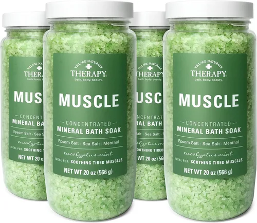Village Naturals Therapy, Remojo de Baño Mineral Concentrado para Músculos, aroma de eucalipto y menta, 20 onzas, paquete de 4