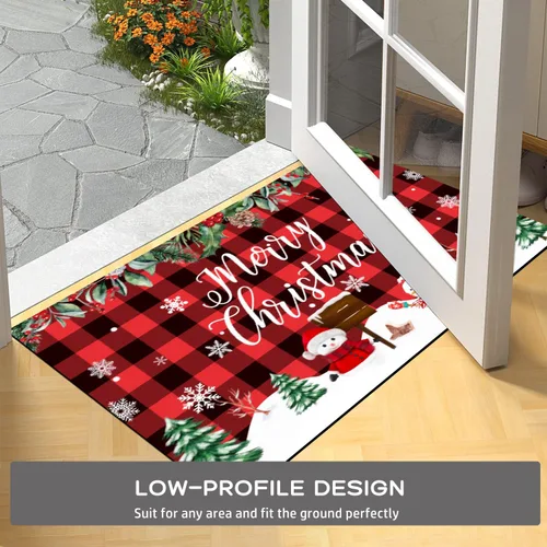 Miniatura 5 de Tapete de Navidad con diseño de muñeco de nieve, árbol de Navidad, rojo y negro, divertido tapete para puerta delantera, parte trasera de goma