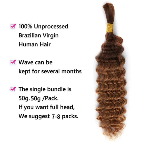 Miniatura 4 de Cabello humano trenzado para trenzas bohemias, rubio degradado T4/30, onda profunda a granel, micro trenzado, húmedo y ondulado, 18 pulgadas