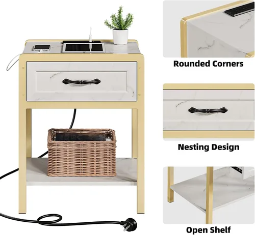 Miniatura 7 de IDEALHOUSE Mesa auxiliar moderna, mesita de noche blanca y dorada con estación de carga, mesita de noche con cajón, mesa auxiliar moderna