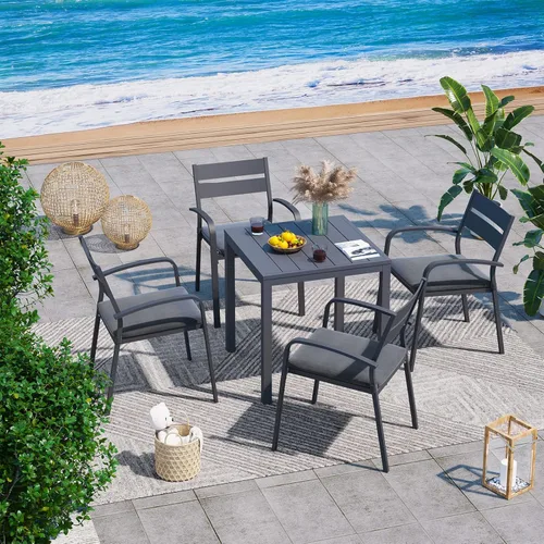 Miniatura 7 de Soleil Jardin Sillas de comedor de aluminio para exteriores de 2 piezas con cojines, sillas apilables para balcón, jardín, patio, acabado verde