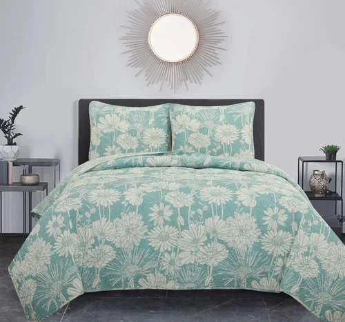 Grand Avenue Juego de edredón floral tamaño Queen, 3 piezas, estampado de microfibra doble pinsonic, colchas y colchas Azul