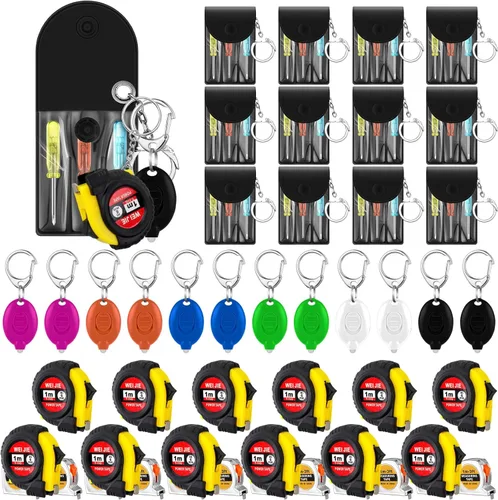 Miniatura 12 de Jutom Juego de 18 llaveros con mini destornillador, cinta métrica, luces LED, regalo para el día del padre, a granel para hombres adultos (colorido)