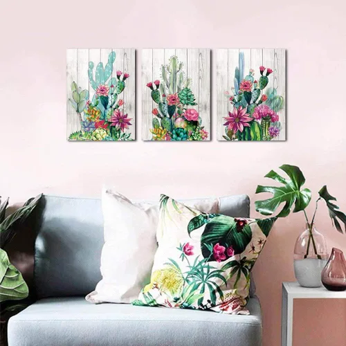 Miniatura 2 de 3 piezas enmarcadas de arte para pared, acuarela, plantas tropicales, cactus del desierto, impresión en lienzo para dormitorio, baño, flores