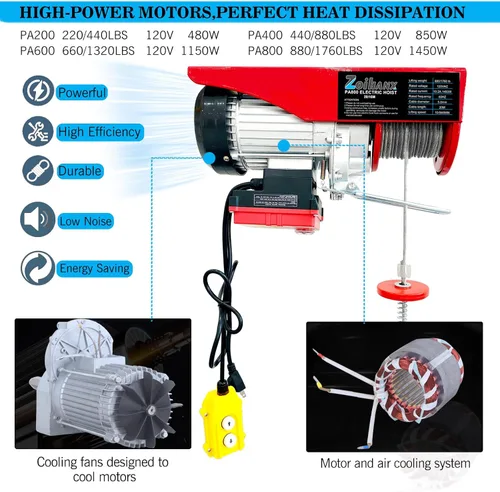 Miniatura 6 de Polipasto eléctrico 2 en 1, polipasto eléctrico de 440 libras 120 V con control remoto, velocidad de elevación de 16 pies/33 pies, cabrestante