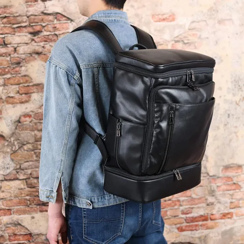 Miniatura 7 de TIDING Mochila de cuero genuino para hombre, bolsa de laptop de 15.6 pulgadas, mochila casual de viaje con compartimento para zapatos, Negro
