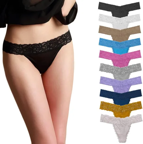 Pmrxi - Paquete de 10 tangas de encaje para mujer de algodón de diferentes tipos de encaje y colores